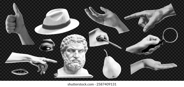 Retro halftone collage with classical bust and vintage elements for art design