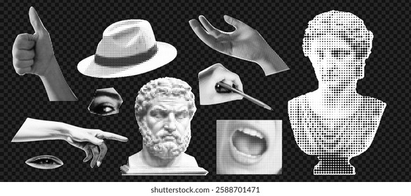 Retro halftone collage with classical bust and vintage elements for art design