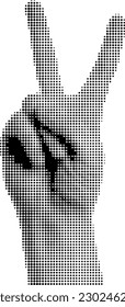 Retro halftone collage elements for mixed media design. Human hand im victory gesture, halftone texture, dotted pop art style. Vector illustration of vintage grunge punk crazy art templates