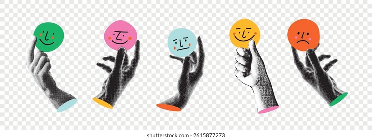 Retro halftone collage elements set. Hands holding emoji, positive and negative feedback.Concept of customer experience.Trendy vector illustration with paper cut-out shapes on a transparent background