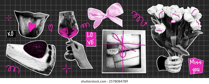 Retro halftone collage elements. Valentine's Day concept. Lips, cheesecake, gift, bow, bouquet of flowers. Trendy collection with naive doodle elements