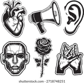 Elementos de collage de semitono retro, corazón anatómico Antiguas Grunge, megáfono, oreja, cara metálica, rosa, labios, manos que hacen Formas en estilo de arte Pop punteado, Plantilla de diseño de medios mixtos de Vector.
