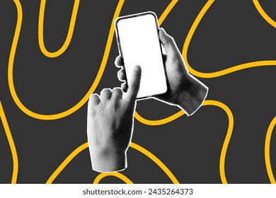 Retro halftone collage, fashion banner. Gesture of a hand with a phone on a dark background, yellow doodle lines. Scrolling, social media, trendy retro vector image.