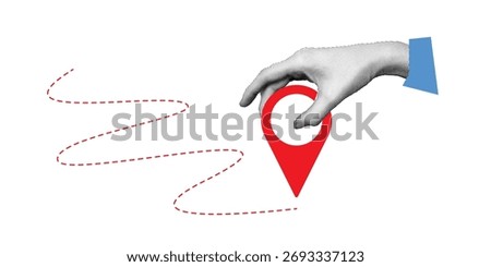 Retro halftone collage of hand holding red map pin, symbolizing navigation, travel route, location, GPS, and direction concept.