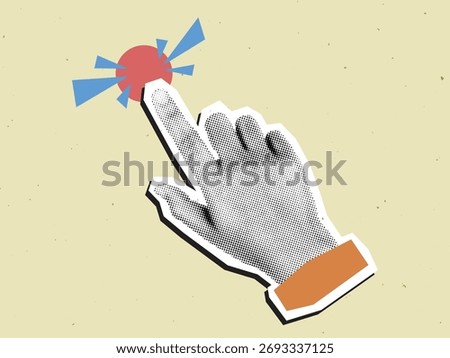 Retro halftone collage of hand pressing red button, symbolizing action, decision, control, technology, and digital interaction concept.