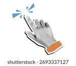 Retro halftone collage of hand touching button, symbolizing click, choice, digital action, technology, and user interface concept