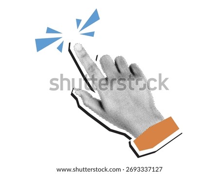Retro halftone collage of hand touching button, symbolizing click, choice, digital action, technology, and user interface concept