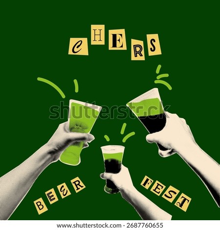 Retro halftone collage with hands holding green beer glasses, pop art poster for St. Patrick’s Day or beer festival. Vector poster, card, banner

