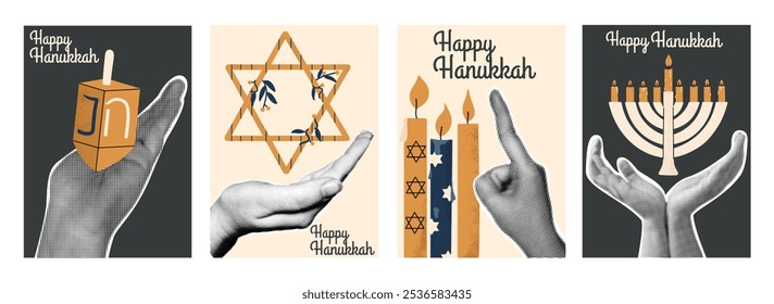 Retro halftone collage of Hanukkah with traditional symbols of the holiday. Vector illustration. Design posters. 