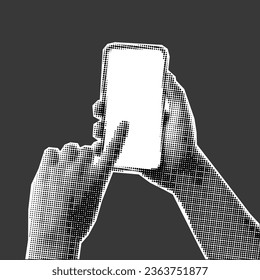 Retro halftone collage illustration of a hand with a phone. Scrolling, social networks, trendy retro vector image.