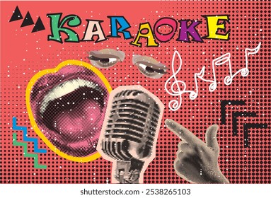 Karaoke de colagem de meio-tom retro com esboço de microfone em papel de meio-tom mão, olho, lábios cantando, microfone retro e mão. Vetor vintage.