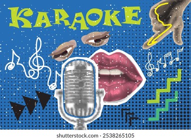 Retro Halftone Collage Karaoke  with sketch of microphone in halftone paper hand, eye, singing lips, retro mike and hand. Vintage vector.