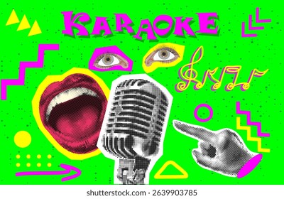 Retro Halftone Collage Karaoke with sketch of microphone in halftone paper hand, eye, singing lips, retro mike and hand. Vintage vector.	