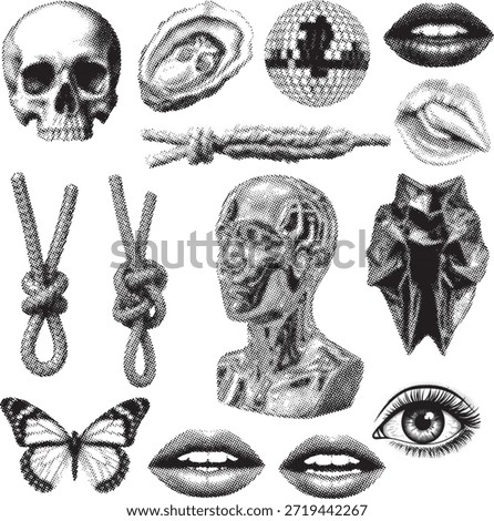 Retro Halftone Collage miscellaneous grunge objects: skull, oyster, disco ball, metallic head bust, knot, butterfly, lips Parts Illustration Set, Vintage Dotted Pop Art Style Vector.