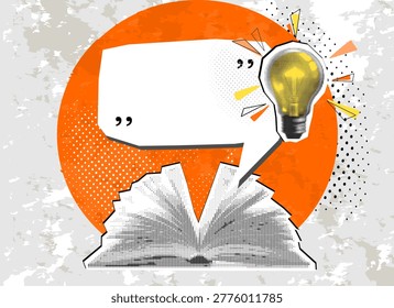 Retro Halftone Collage open book, light bulb and speech bubble for your text. Trendy half tone collage. Vector illustration.