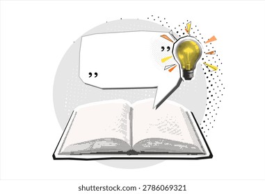 Retro Halftone Collage open book, light bulb and speech bubble for your text. Trendy half tone collage. Vector illustration.