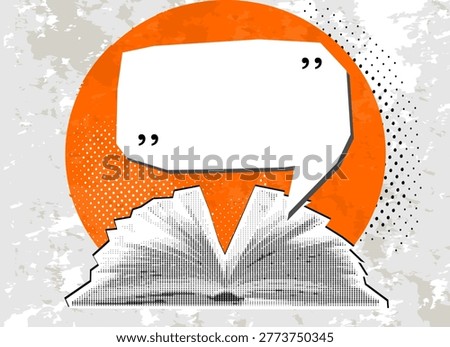 Retro Halftone Collage open book with bubble for text. Vector illustration. Vintage pop art collage.