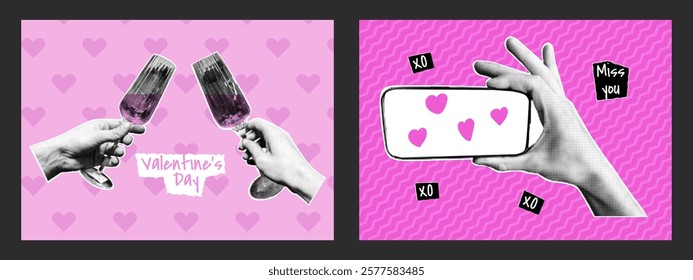 Retro halftone collage postcards. Valentine's Day concept. Champagne glasses, phone with hearts. Trendy vector illustration