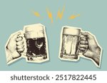 Retro halftone collage of two hands clinking beer mugs. Y2K pixel, photocopy effect. Grunge bitmap texture. Perfect for bar promotions, Oktoberfest posters, brewery branding.