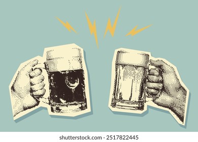 Retro halftone collage of two hands clinking beer mugs. Y2K pixel, photocopy effect. Grunge bitmap texture. Perfect for bar promotions, Oktoberfest posters, brewery branding.