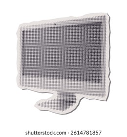 Retro halftone computer screen - torn out isolated paper sticker . Collage mixed media element . Vector 3d illustration.