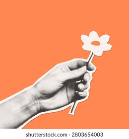 Retro halftone cutout collage element with female hand holding a single white flower isolated - floral scrapbooking illustration.