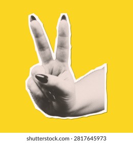 Retro halftone cutout collage element of female hand making victory sign gesture. Vintage zine and mixed media style. Pop art sticker with dotted texture on bright yellow background.