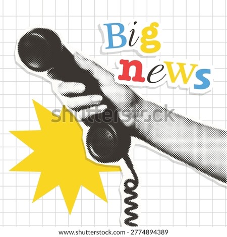 Retro halftone cutout composition with hand holding phone receiver and Big News text on checkered grid background - square social media post design template.