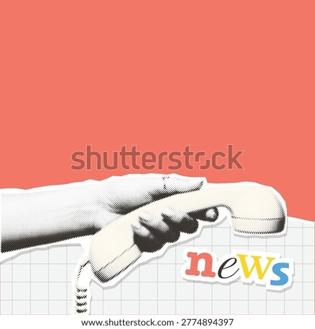 Retro halftone cutout composition with news text and hand holding phone receiver on coral background - social media post template with copyspace.