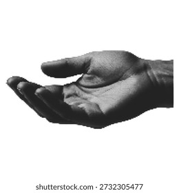 Ilustración punteada de semitono retro de una mano humana abierta acopiada hacia arriba, gesto de estilo de arte Pop de Antiguas para dar, recibir o sostener el concepto
