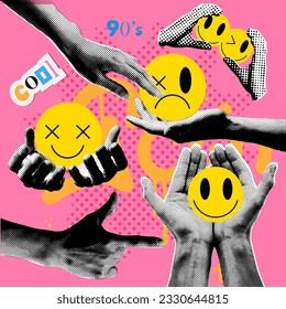 Retro halftone effect collage elements set with hands and cutout paper shapes. 90s - y2k Vintage vector collection.