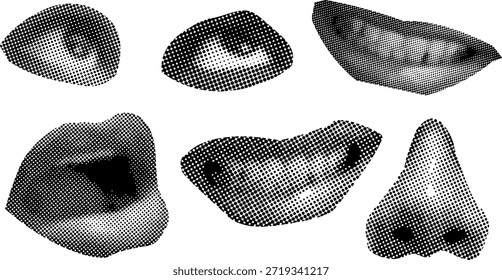 Collage retro del efecto del semitono de la boca del ojo y del conjunto aislado del elemento del fondo de la nariz