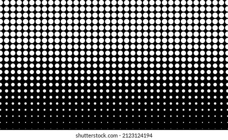 Retro halftone gradient from dots. Monochrome white and black halftone background with circles. Vector illustration. 
