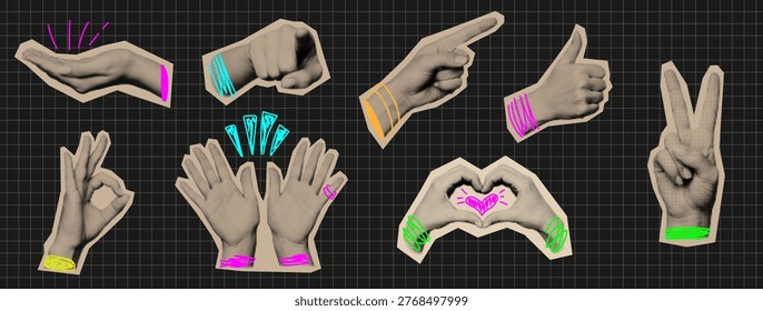 Retro Halftone Hand Gestures Collection - Pointing, Thumbs Up, Heart, Peace Sign, and Fist Doodles on Black Grid Background