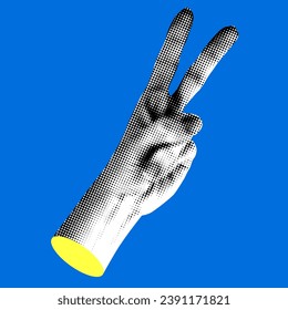 Retro halftone hand gestures. Modern collage. Peace sign. Pop art dotted style. Hand with V sign for victory with halftone texture. Trendy vintage newspaper parts. Paper cutout element. Y2K style