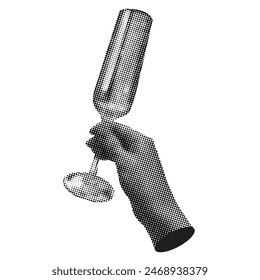 Retro halftone hand with a glass. Hand holding drink. Modern halftone collage. Trendy vintage newspaper parts. Pop art dotted style. Paper cutout element. Y2K style