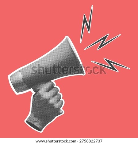 Retro halftone hand holding megaphone. Halftone collage element. Vector.