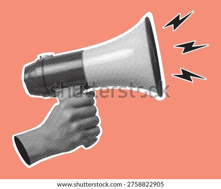 Retro halftone hand holding megaphone. Halftone collage element. Vector.