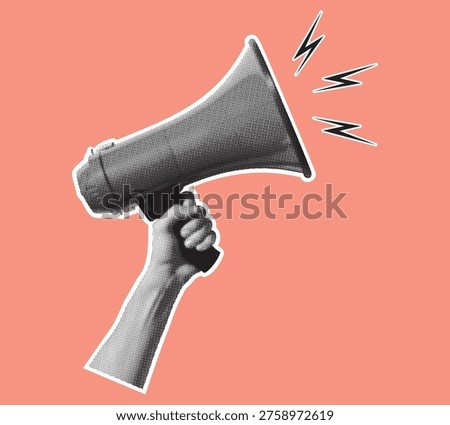 Retro halftone hand holding megaphone. Halftone collage element. Vector.