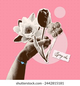 Retro halftone hand holding out a bouquet of flowers. Spring vibes card template with vintage Paper cutout elements. Trendy newspaper collage. Gift for Mother's day. Vector design.