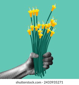 Retro halftone hand holds out a bouquet of daffodils. Yellow flowers on turquoise background. Man gives flowers. Women's day card. Paper cutout element. Trendy newspaper collage. Gift for Mother's day