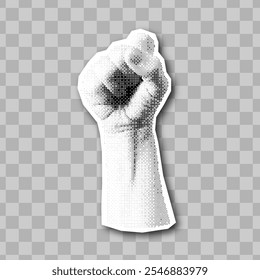 Icono de mano de semitono retro. Elemento de collage de Vector en papel rasgado. Puño vintage de moda