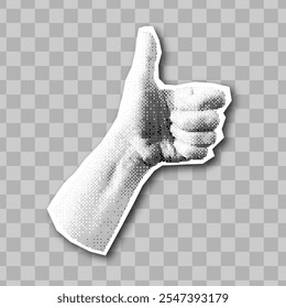 Retro halftone hand icon. Vector collage element on torn paper. Trendy vintage thumbs up hand gesture. 