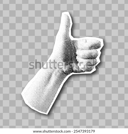 Retro halftone hand icon. Vector collage element on torn paper. Trendy vintage thumbs up hand gesture. 