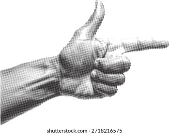 Gesto retro de la mano del halftone que señala en estilo Pop blanco y negro del cómic del arte, aislado en el fondo blanco para la dirección y los conceptos del Diseño gráfico