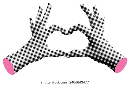 Retro halftone hands isolated on white background. Heart hands. Modern collage. Pop art dotted style. Valentines day design elements. Trendy vintage newspaper parts. Paper cutout. Hands showing heart