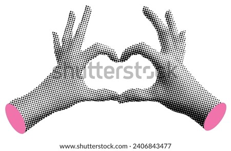 Retro halftone hands isolated on white background. Heart hands. Modern collage. Pop art dotted style. Valentines day design elements. Trendy vintage newspaper parts. Paper cutout. Hands showing heart