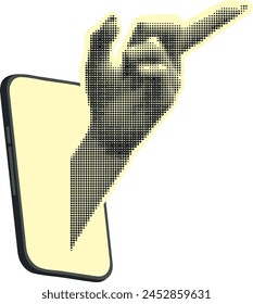 Retro Halbton menschliche Hand und Smartphone Illustration.