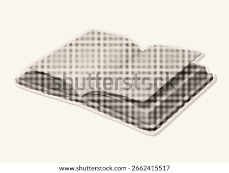 Retro halftone illustration of an open book. Vintage magazine cutout style. Photocopy texture. Perfect for educational projects, literature themes, reading promotions, stickers, posters, mixed media.