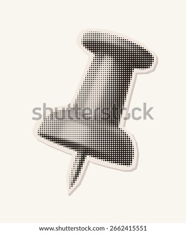 Retro halftone illustration of a push pin. Vintage magazine cutout style. Photocopy texture. Perfect for school projects, office designs, scrapbooking elements, mixed media collages.